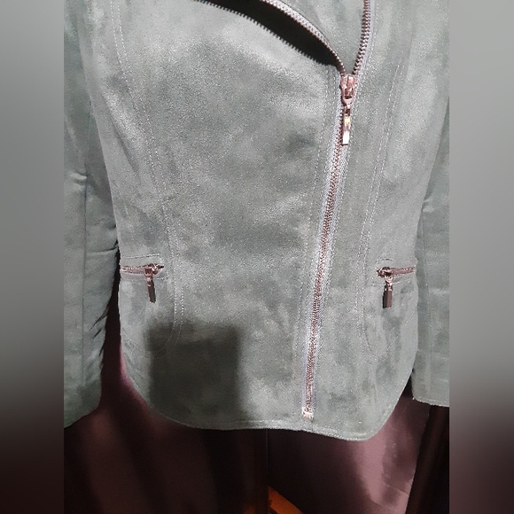 Laura Ashley Dark Green Faux Suede Zip Blazer Jacket Women's Size PM Zip Pockets - Picture 3 of 9